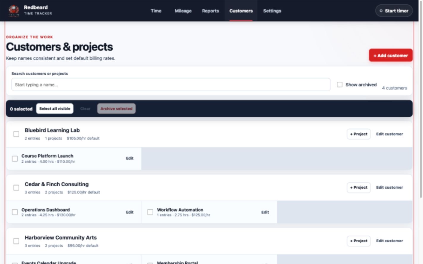 Customer and project management screen with search, billing-rate details, project rows, and archive controls