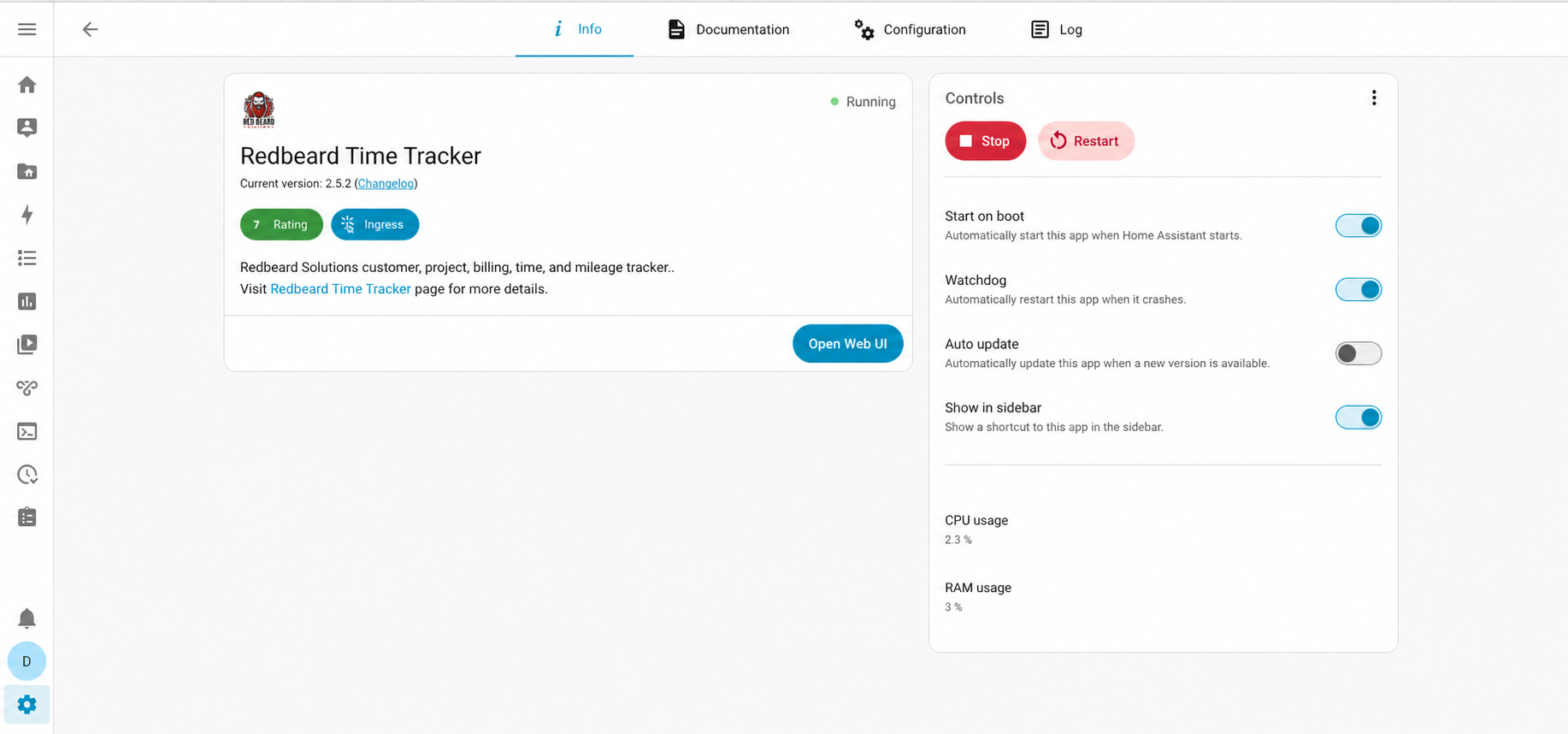 Home Assistant app page showing the Redbeard Time Tracker running with Ingress, start-on-boot, and watchdog enabled