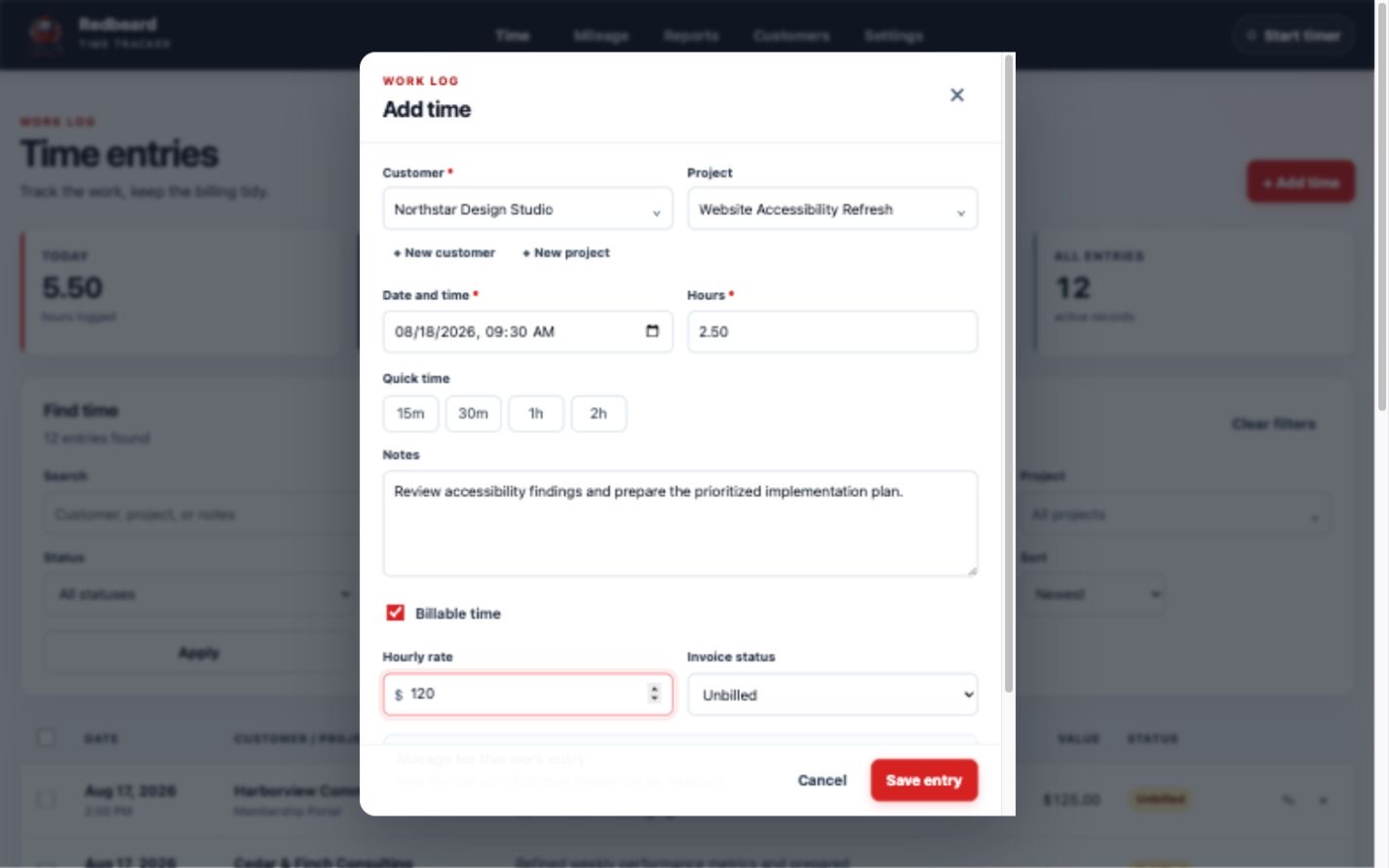Add-time form with customer, project, date, hours, notes, billing rate, and invoice-status fields