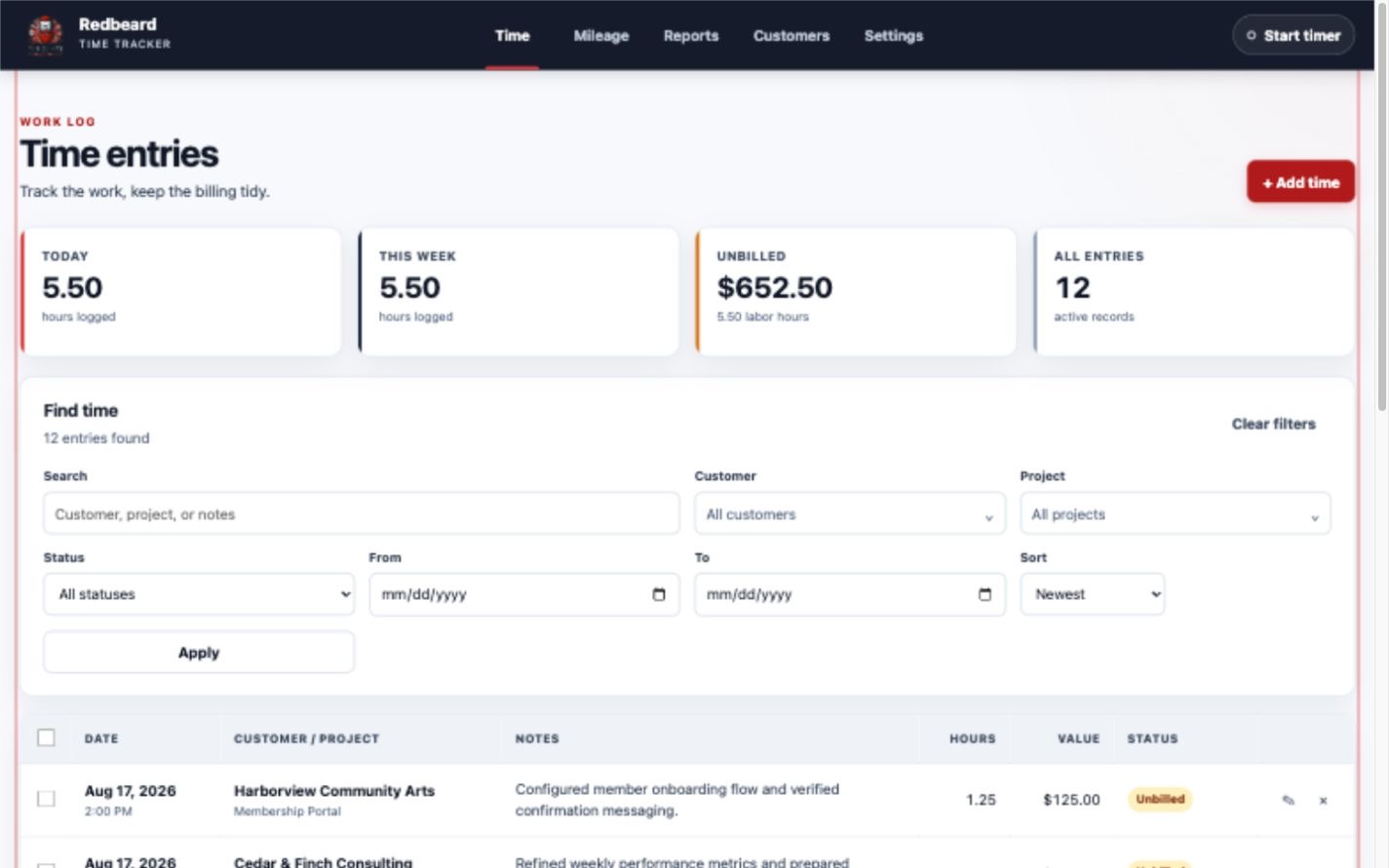 Redbeard Time Tracker dashboard showing time totals, unbilled value, filters, and recent work entries